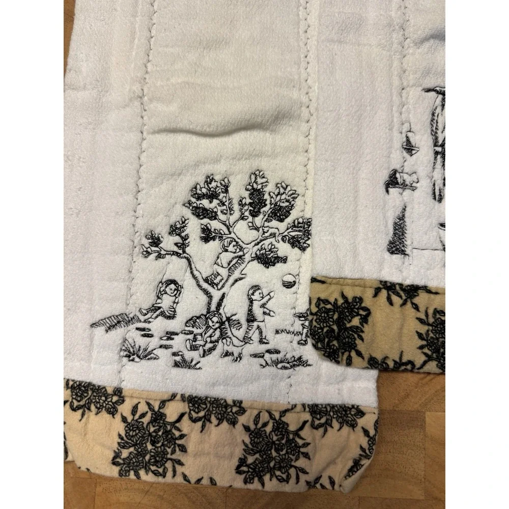 Vintage Embroidered Burp Cloths Toile Style Pastoral Scenes‎ Set of 3